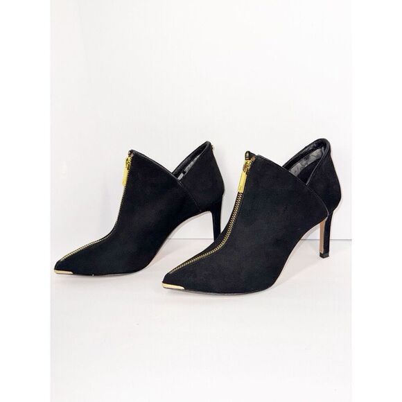 Ted Baker Millae Bootie Heels Black Suede Gold Zipper Stiletto Pointed 38.5/6 - Picture 1 of 16